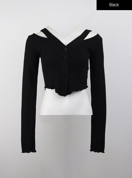 cut-out-buttoned-long-sleeve-crop-top-cj408 / Black