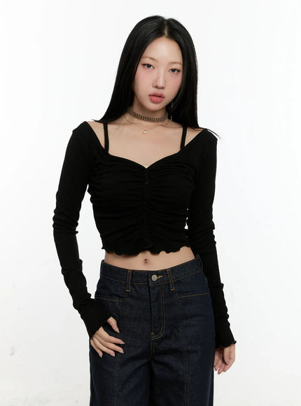 off-shoulder-ruched-long-sleeve-top-cn506 / Black
