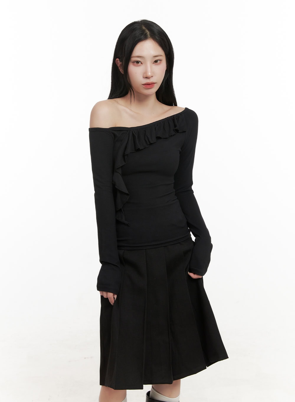 one-shoulder-long-sleeve-blouse-cd410 / Black