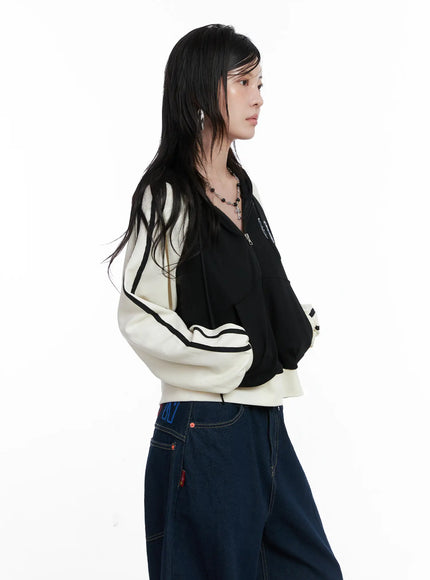 two-tone-zip-up-crop-hoodie-cs529 / Black