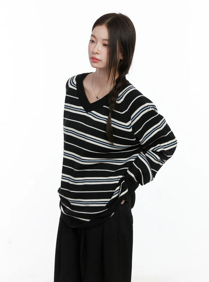oversized-v-neck-striped-knit-sweater-co503 / Black