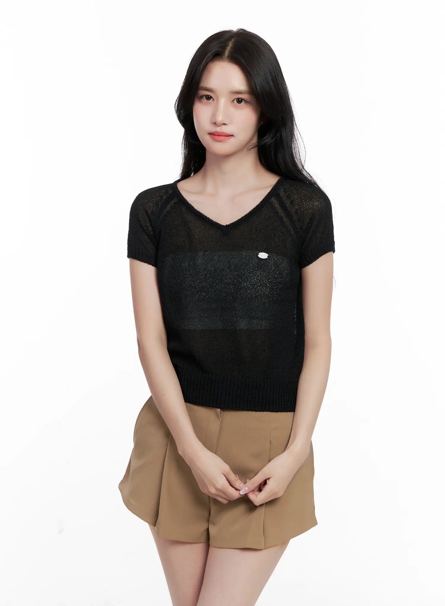 v-neck-knit-short-sleeve-top-cl515 / Black