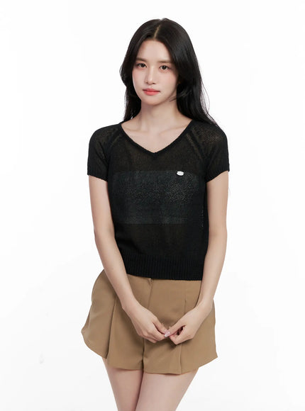 v-neck-knit-short-sleeve-top-cl515 / Black