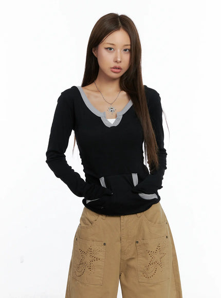 long-sleeve-contrast-trim-hoodie-cs504 / Black