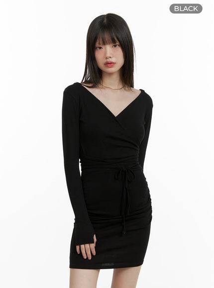 v-neck-wrap-hooded-mini-dress-cy428 / Black