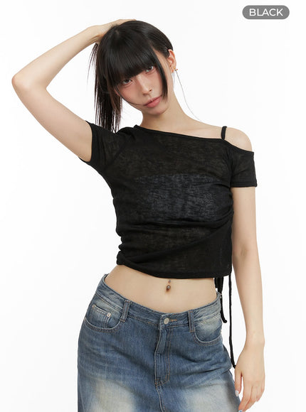 shirred-unbalanced-crop-top-cl422 / Black