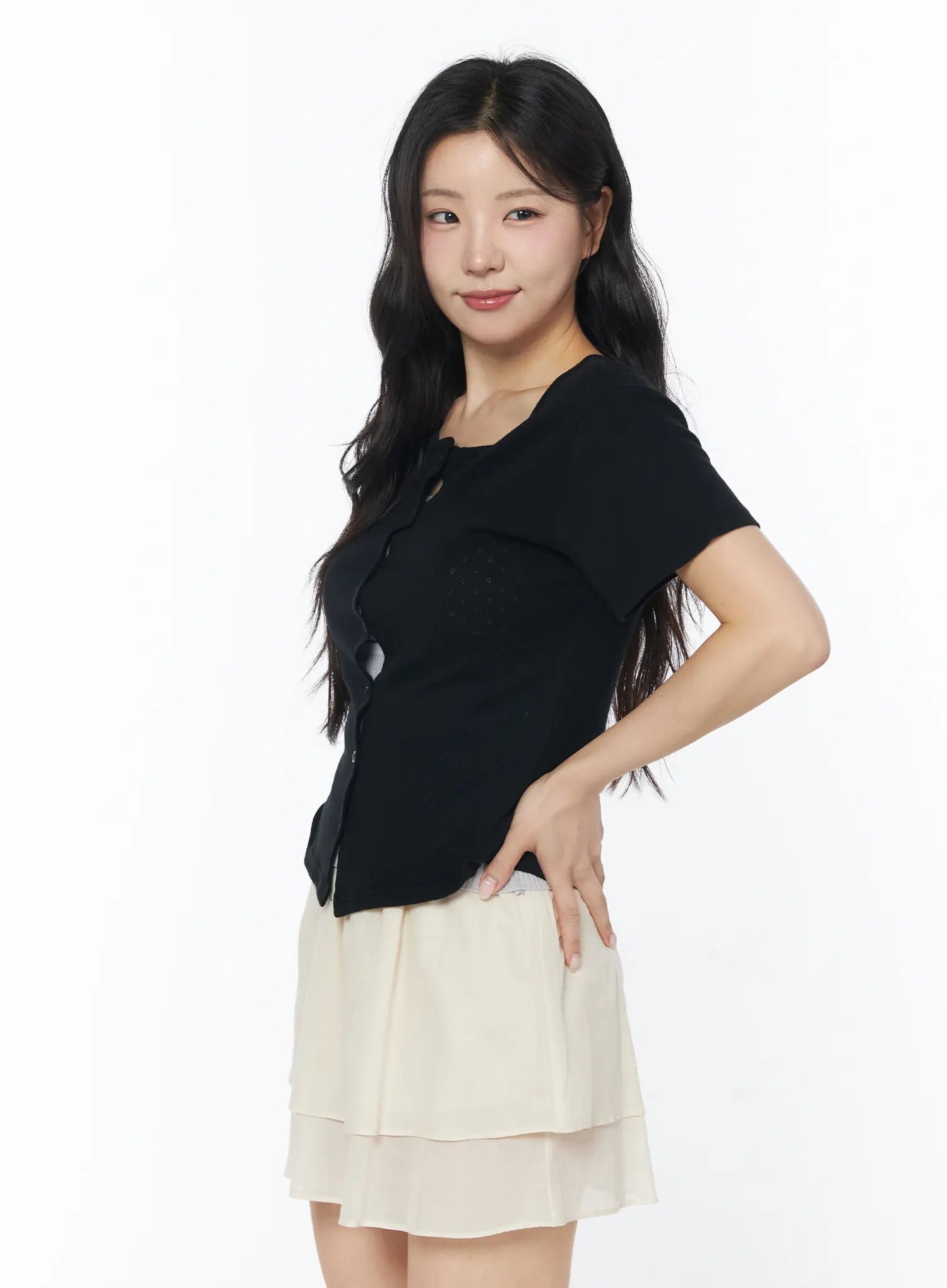 short-sleeve-pointelle-cardigan-cy522 / Black
