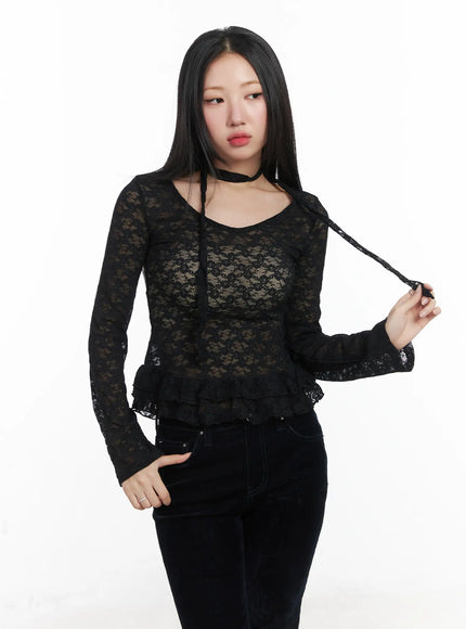 ruffle-lace-long-sleeve-top-scarf-set-cd529 / Black