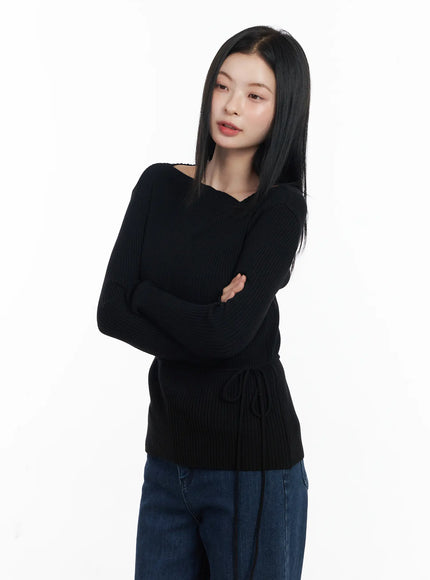 ribbed-knit-long-sleeve-top-with-tie-detail-cj520 / Black