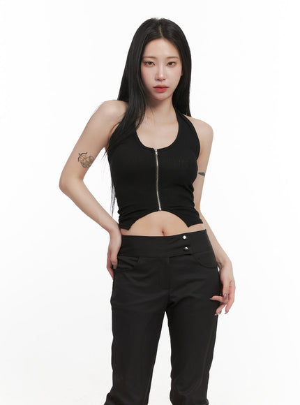 zip-up-halter-neck-crop-top-cj516 / Black