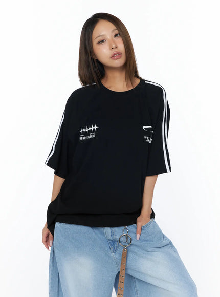 casual-striped-sleeve-tee-ca516 / Black