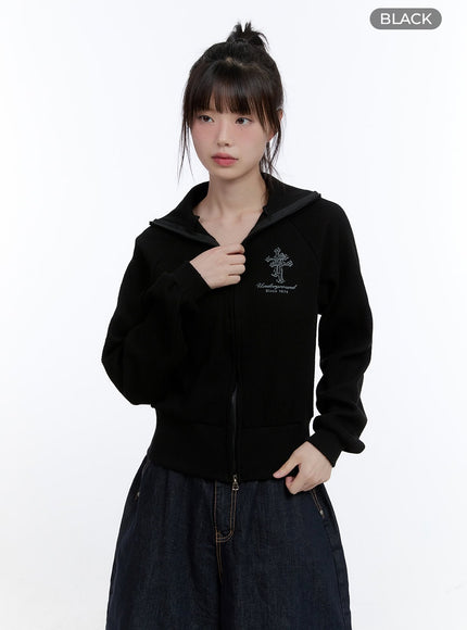 cotton-two-way-zip-up-graphic-sweat-hoodie-cg413 / Black