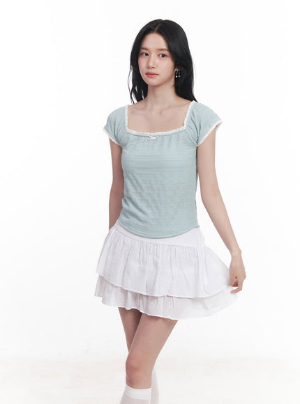 ribbon-lace-square-neck-crop-top-cy523 / Blue