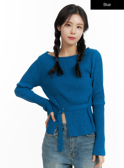 boat-neck-buckle-knit-top-of414 / Blue