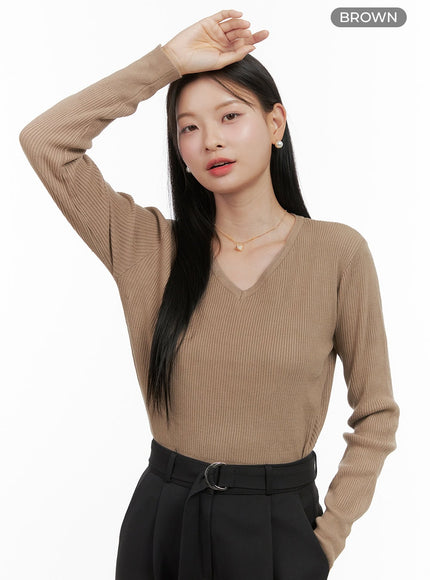 warm-v-neck-solid-sweater-os411 / Brown