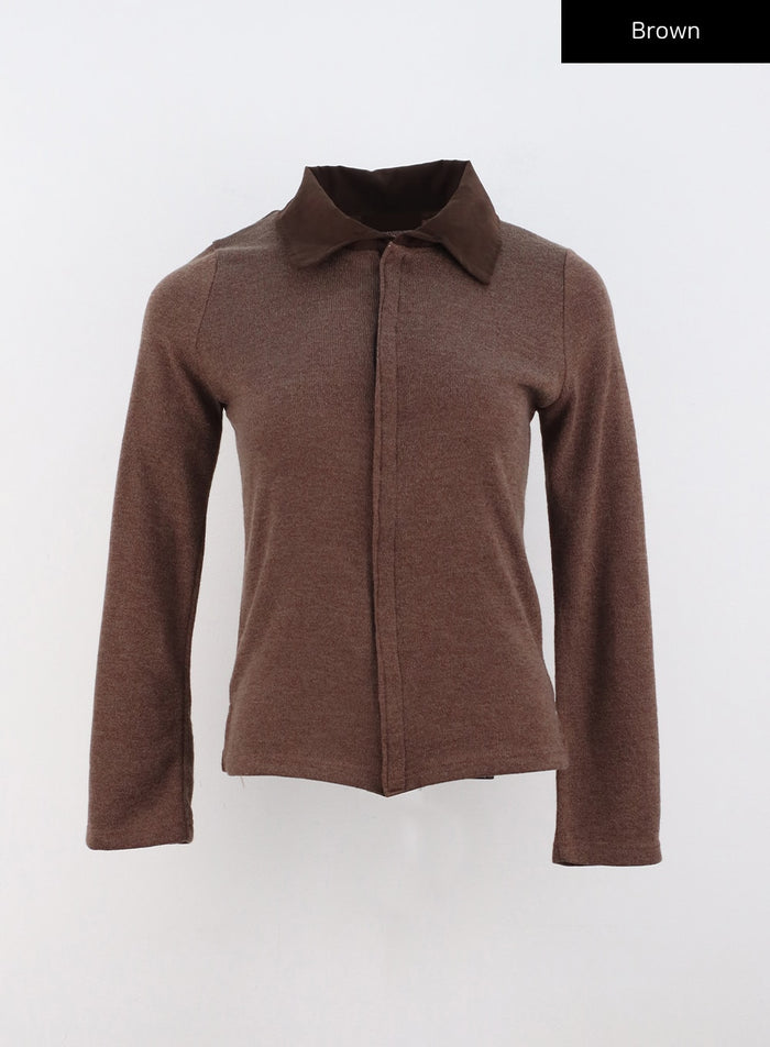 buttoned-long-sleeve-collar-top-co319 / Brown