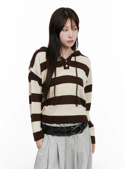 striped-half-buttonsweater-hoodie-co521 / Brown