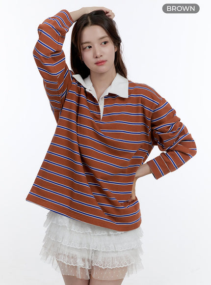 oversize-collared-stripe-long-sleeve-tee-oo407 / Brown