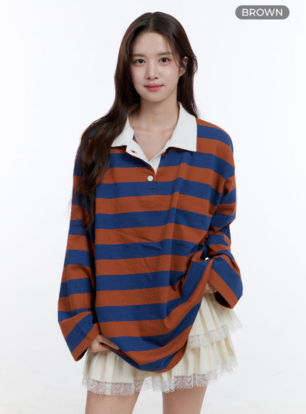 cotton-oversize-buttoned-long-sleeve-stripe-tee-oo407 / Brown