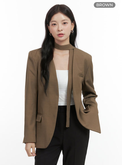 collarless-chic-tie-blazer-jacket-os423 / Brown