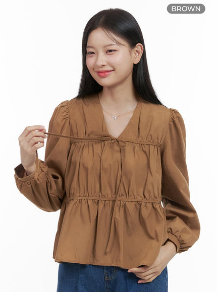 chic-solid-v-neck-blouse-os411 / Brown