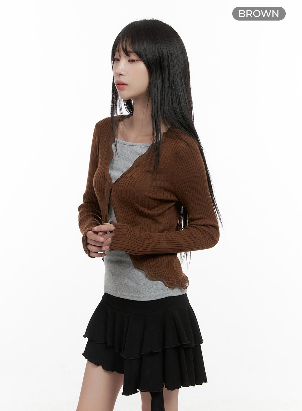 refined-lace-trim-wool-cardigan-cs413 / Brown