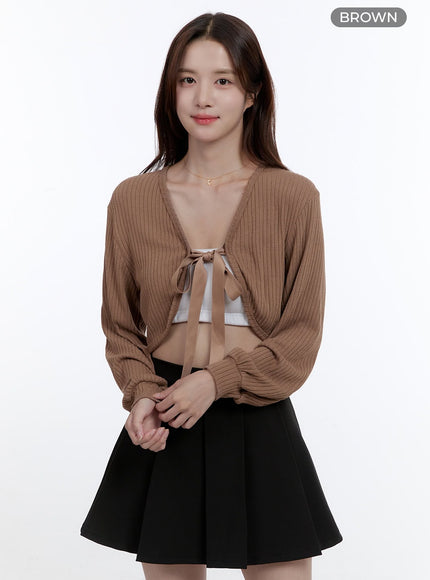 ribbon-strap-v-neck-crop-cardigan-oo407 / Brown