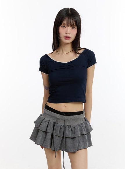 lace-v-neck-crop-top-ca508 / Dark blue