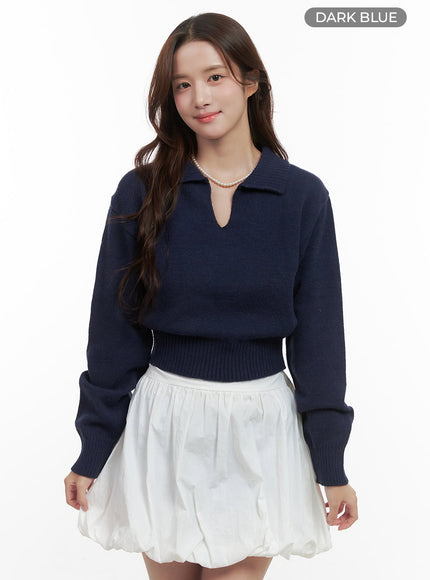 knit-collared-crop-sweater-oo421 / Dark blue