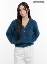 fuzzy-v-neck-cardigan-og429 / Dark blue