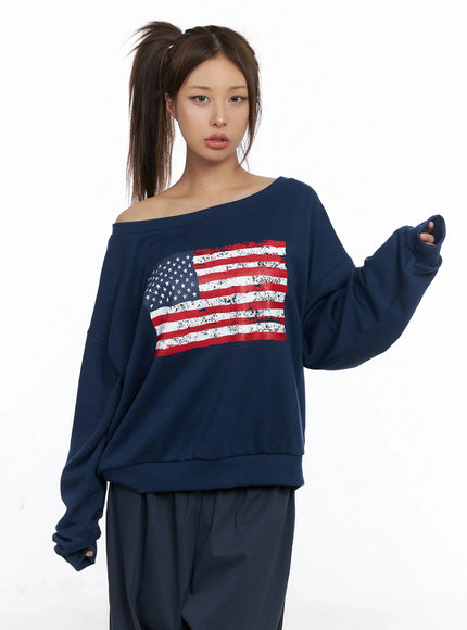 american-flag-off-shoulder-sweatshirt-cs504 / Dark blue