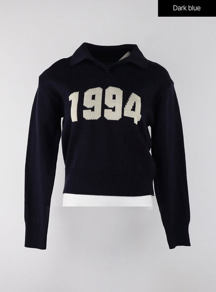 crop-collar-lettering-sweater-oj404 / Dark blue