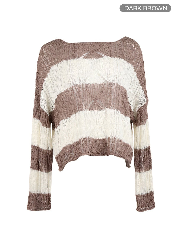 wool-blend-hollow-out-striped-knit-sweater-cm415 / Dark brown