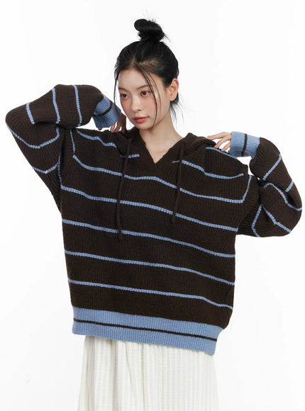 oversized-striped-knit-hoodie-cj520 / Dark brown