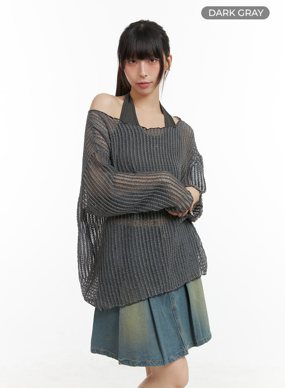 oversize-hollow-out-one-shoulder-knit-sweater-cl422 / Dark gray