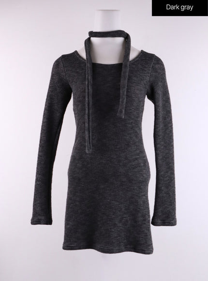 u-neck-slim-fit-mini-dress-with-scarf-cf407 / Dark gray
