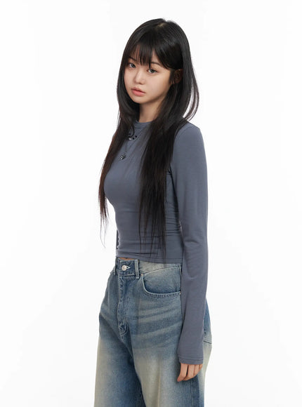 basic-round-neck-crop-long-sleeve-tee-cm512 / Dark gray