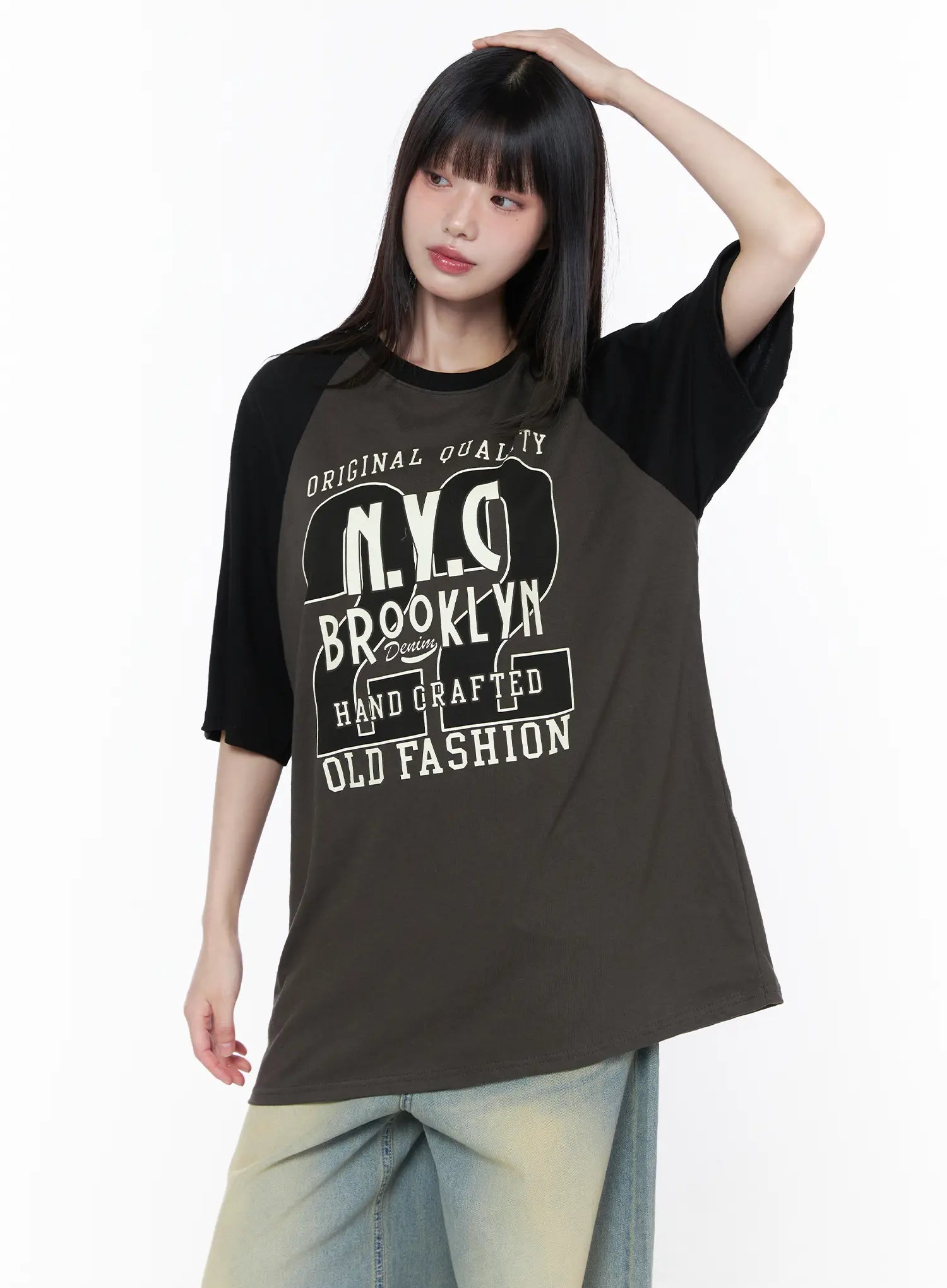 Casual Loose Fit Graphic Tee CU519 in Dark gray, size M/L