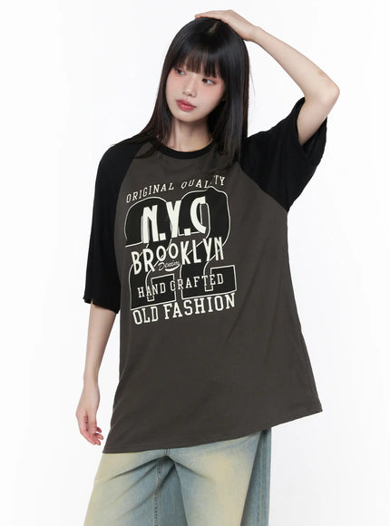 Casual Loose Fit Graphic Tee CU519 in Dark gray, size M/L