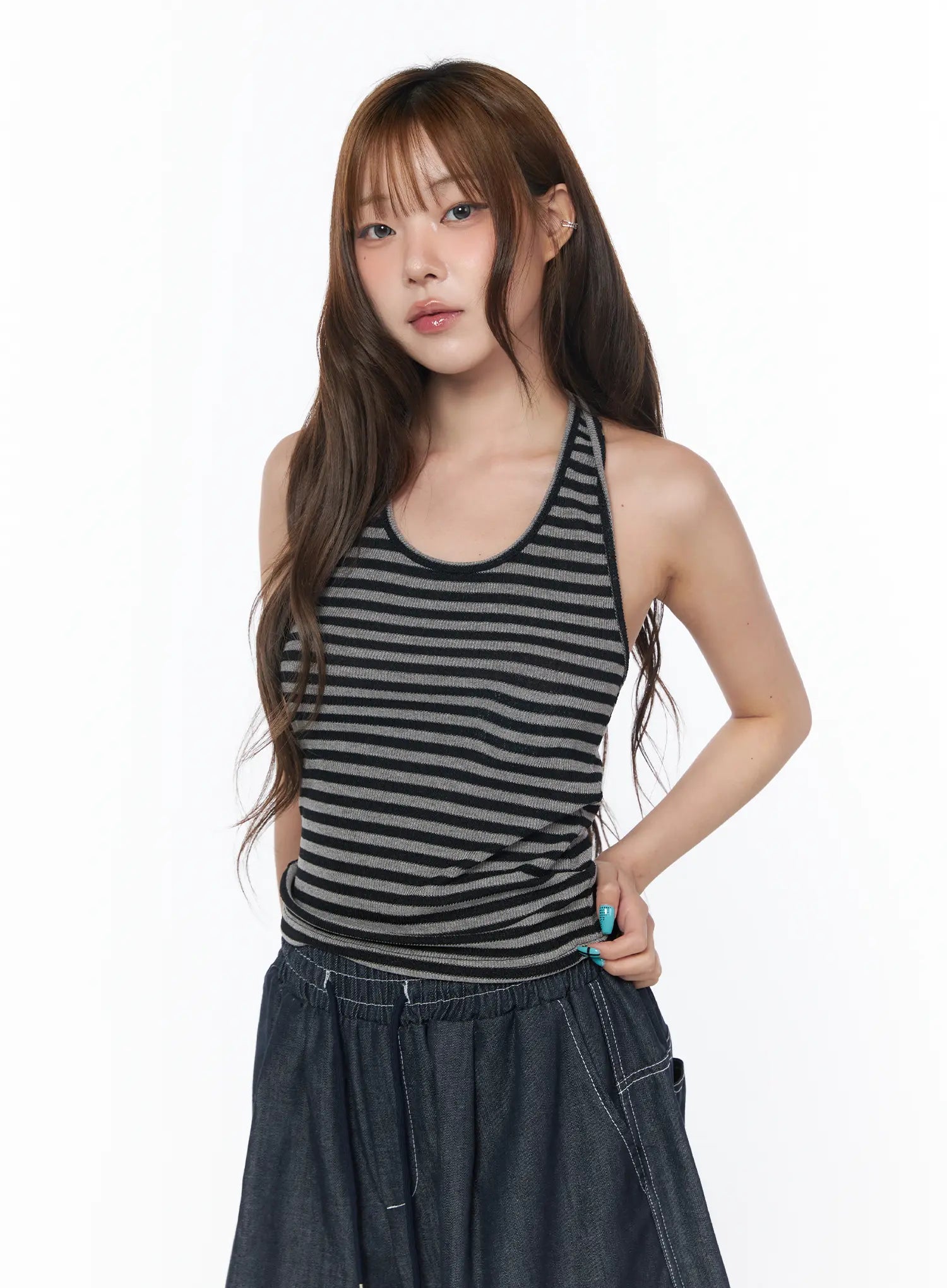 casual-striped-halter-tank-top-cy529 / Dark gray
