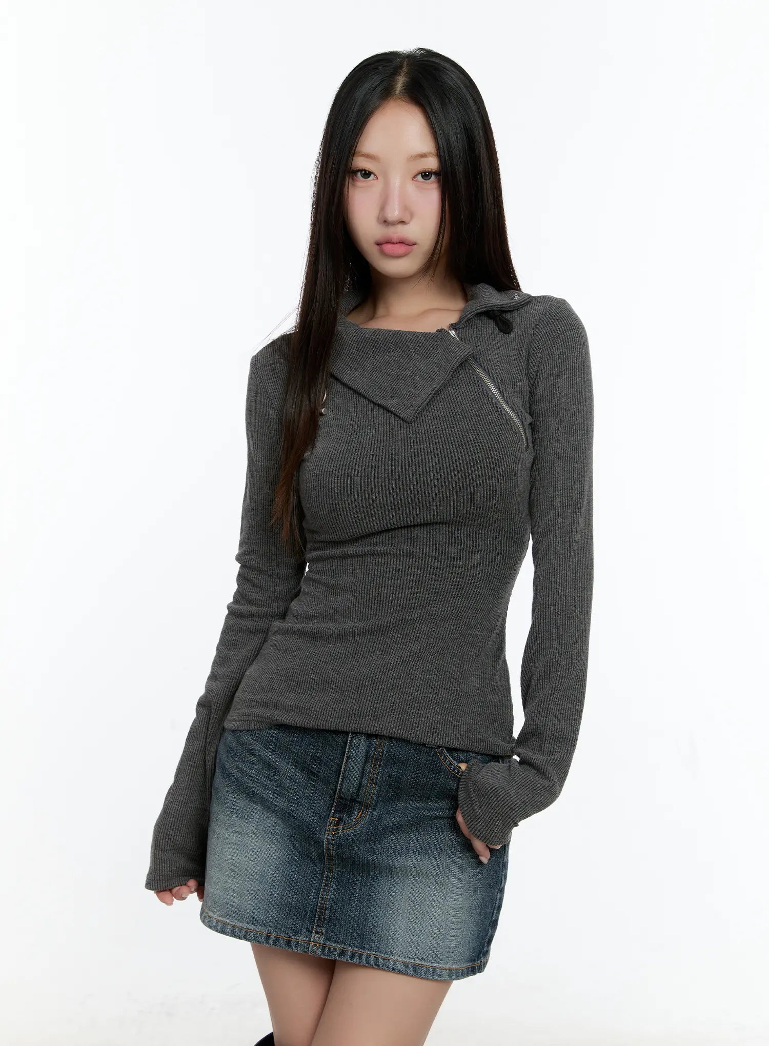 zipper-detail-rib-knit-long-sleeve-cs517 / Dark gray
