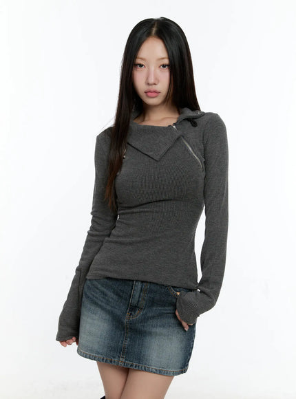zipper-detail-rib-knit-long-sleeve-cs517 / Dark gray