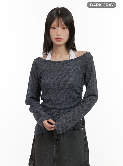 shirred-see-through-one-shoulder-top-cg426 / Dark gray