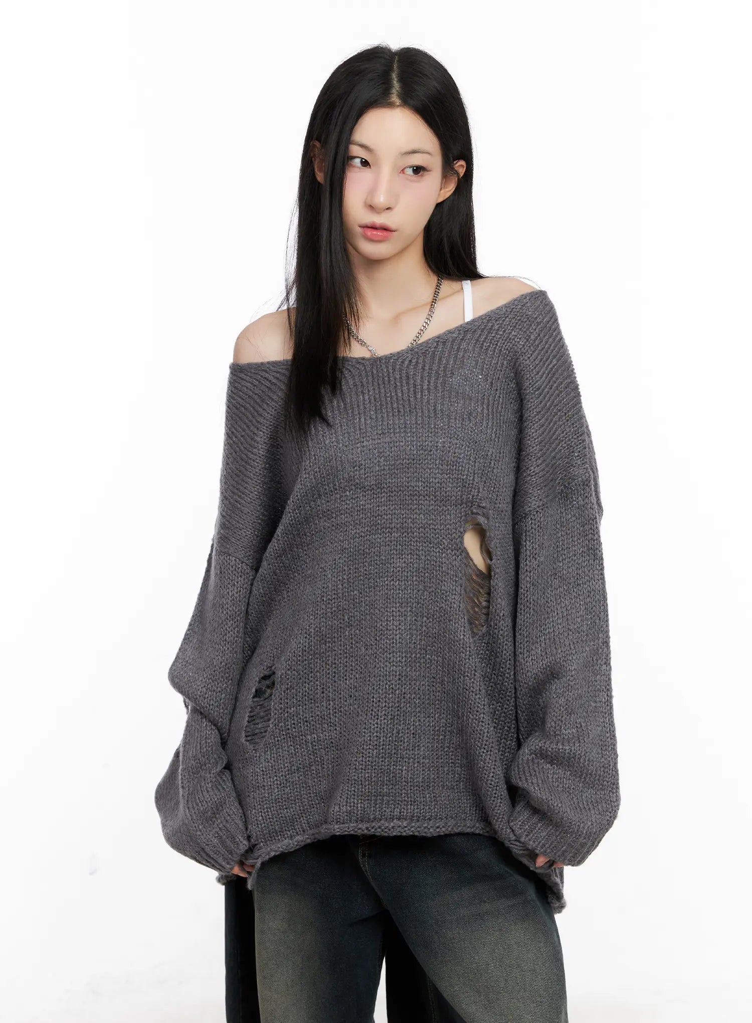 distressed-loose-knit-sweater-cg522 / Dark gray