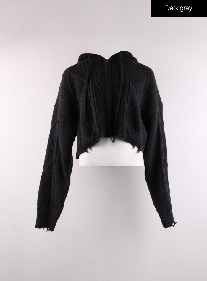 cable-knit-zippered-hooded-crop-cardigan-cf401 / Dark gray