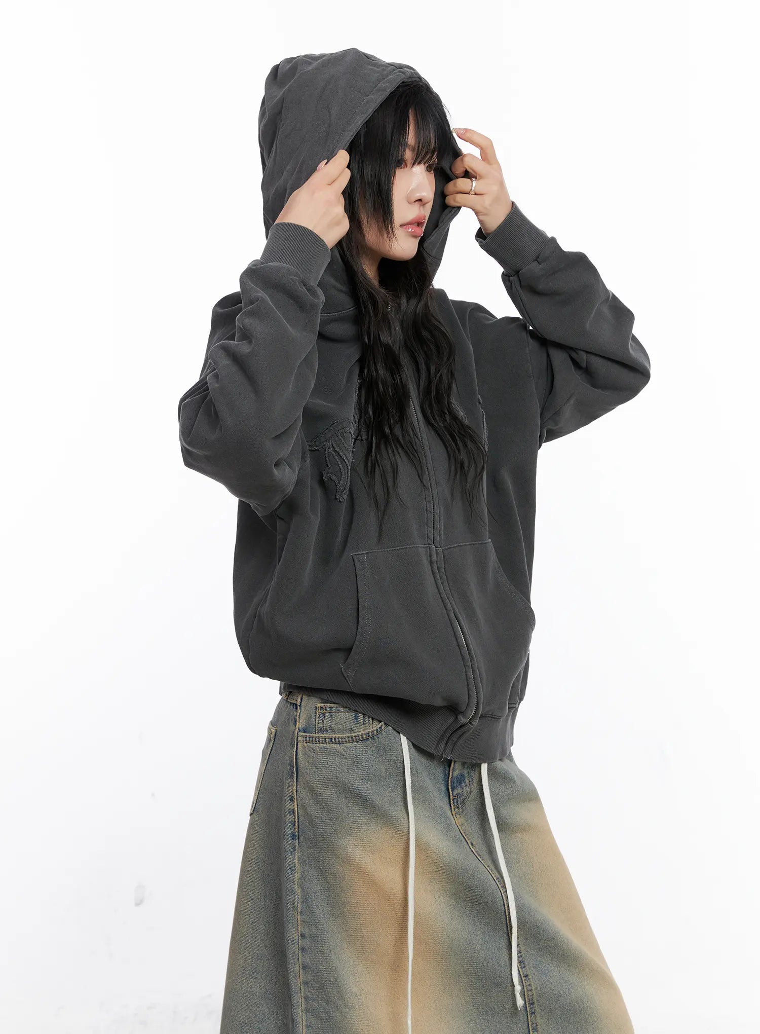 oversized-cotton-zip-up-hoodie-cs524 / Dark gray