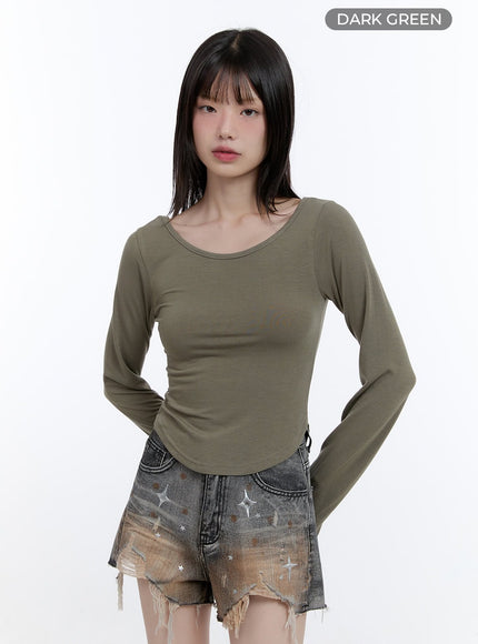 boat-neck-solid-long-sleeve-crop-top-cg413 / Dark green
