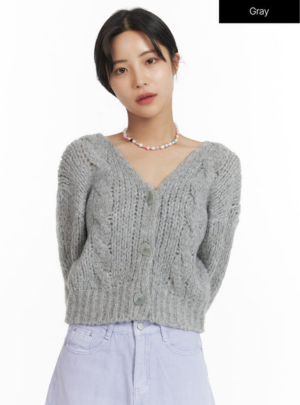 cable-knit-solid-cardigan-of416 / Gray