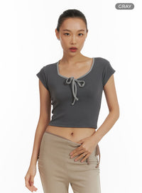 ribbon-square-neck-crop-tee-cu414 / Gray