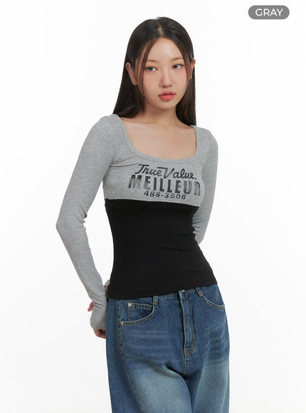 mixed-color-u-neck-letter-print-slim-tee-co404 / Gray